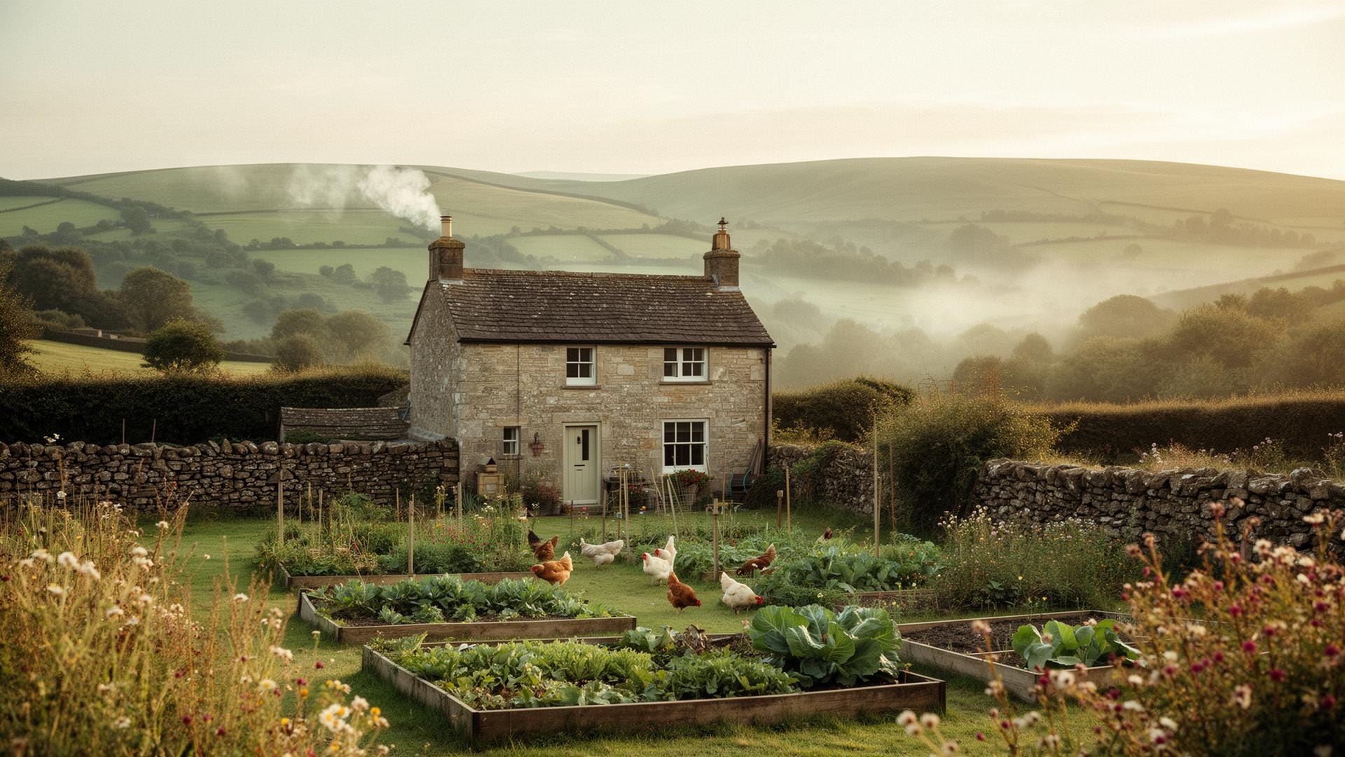 A stone cottage with a kitchen garden, hens and rolling British hills at dawn.